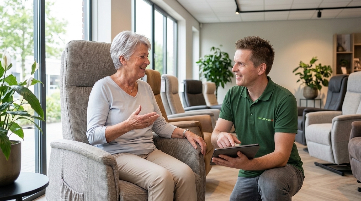Bewegingstechnoloog Geertjan adviseert over Fitform sta-op stoelen in de showroom Dordrecht
